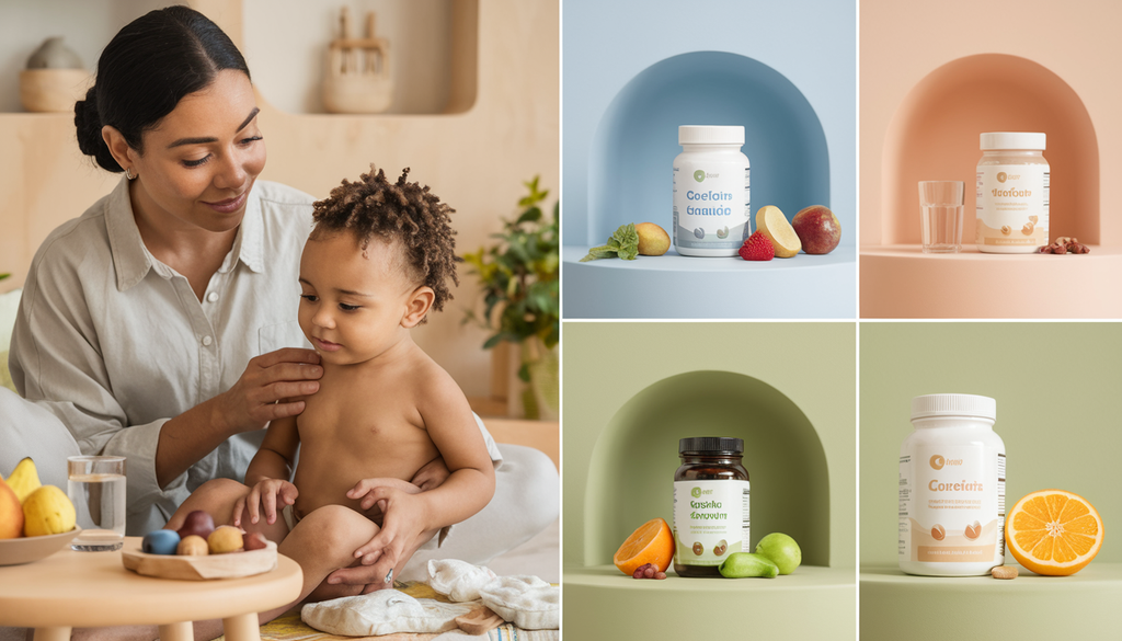 A caregiver gently interacts with a child in a warm home setting, surrounded by natural supplements, fruits, and a glass of water, with calming blues, greens, and earthy tones.