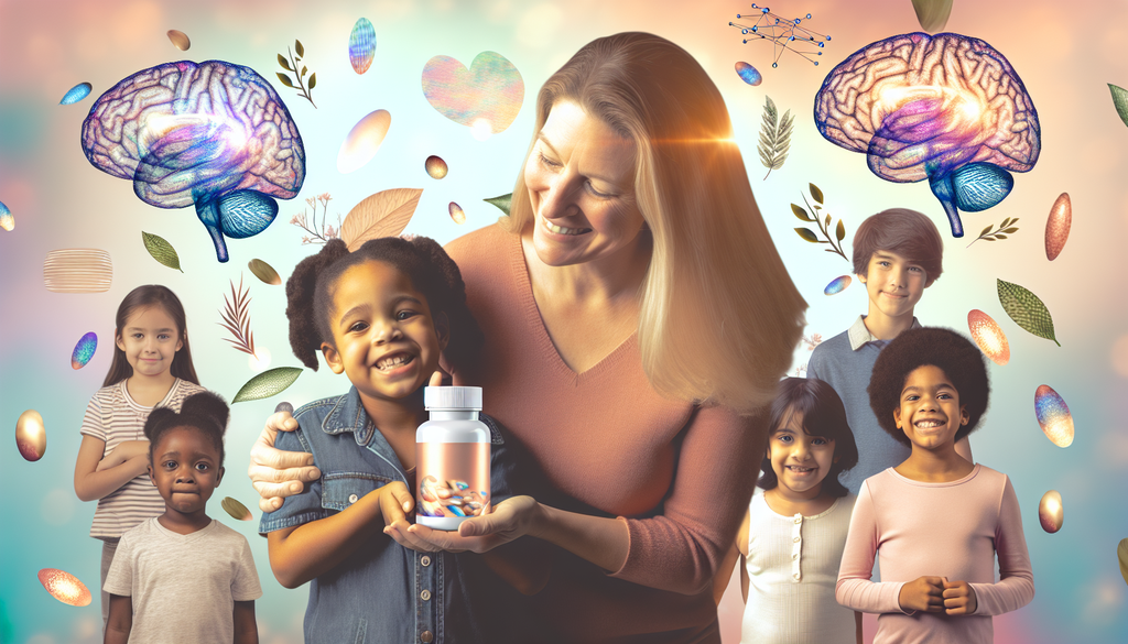 A diverse group of children and a caregiver focusing on a child with sensory needs holding an Omega 3 DHA Supplement bottle, set against a calming, nature-inspired background.