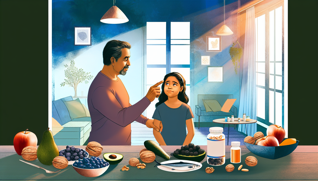 A parent lovingly interacts with a child in a bright, cozy home with brain health supplements and nutritious foods in the background.