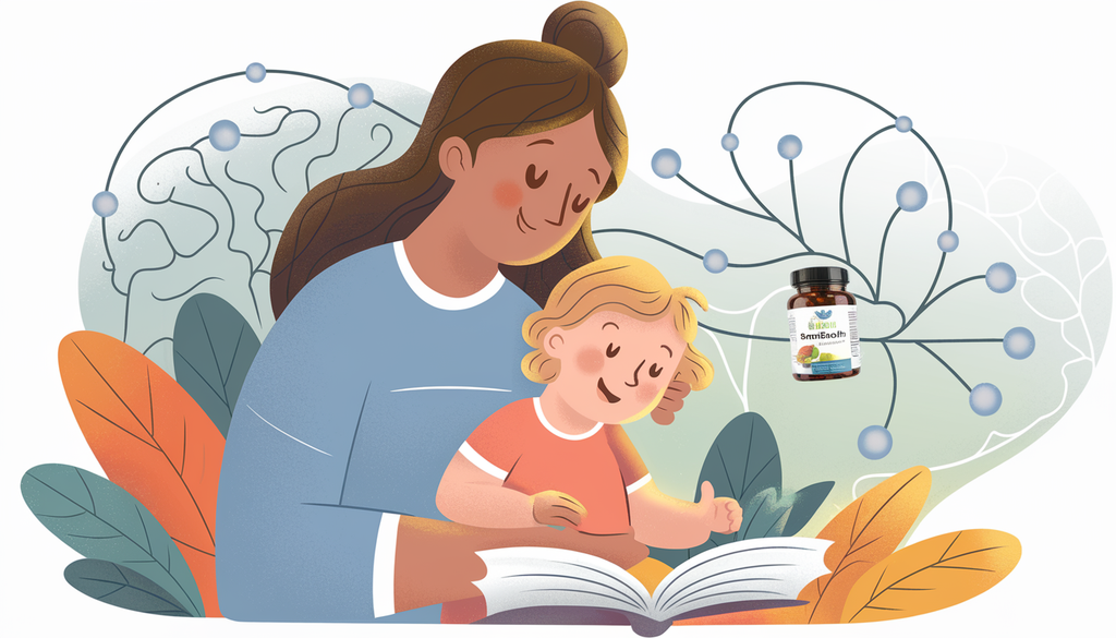 A caring parent and happy child reading a book together in a warm, nurturing scene with subtle brain health elements in the background.