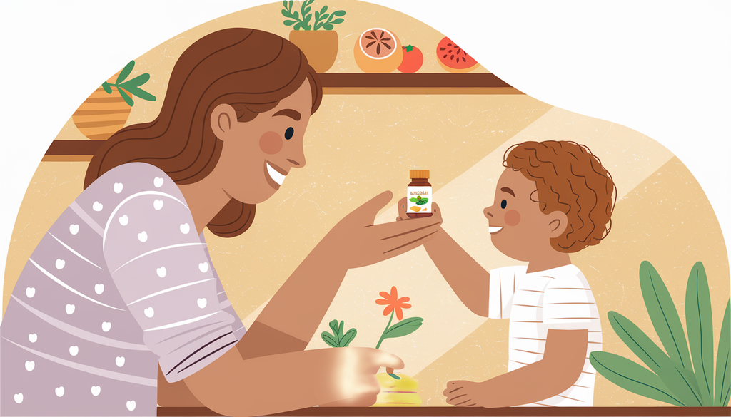 A parent offering a colorful supplement bottle to a child in a cozy, sunlit room with earthy tones and natural elements.