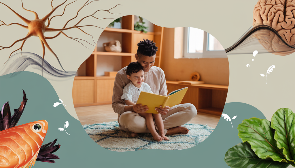 A parent lovingly interacts with a child in a cozy home setting, symbolizing nurturing and support for brain development with subtle imagery of neurons and natural ingredients.