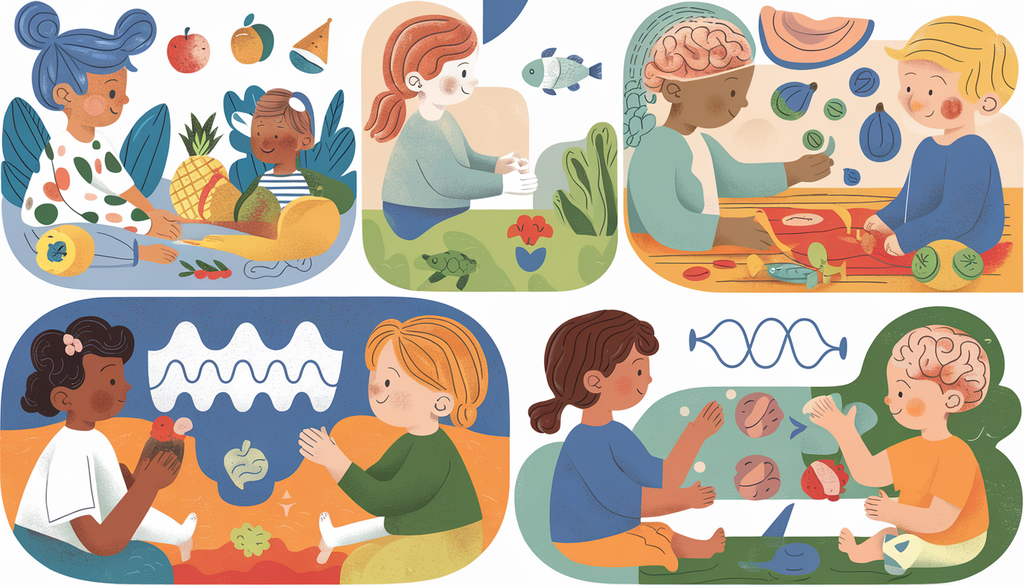 A diverse group of children engaging in playful and educational activities surrounded by colorful fruits, fish, and abstract brain waves, symbolizing multivitamin and Omega 3 benefits.