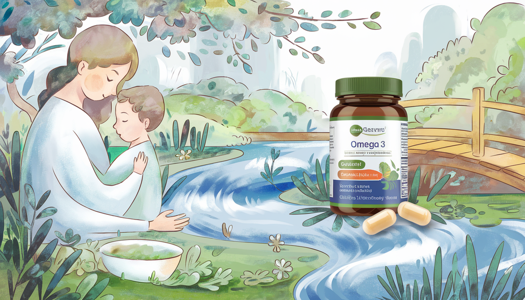 A serene illustration of a caregiver nurturing a child in a tranquil setting with natural elements and subtle Omega 3 motifs.