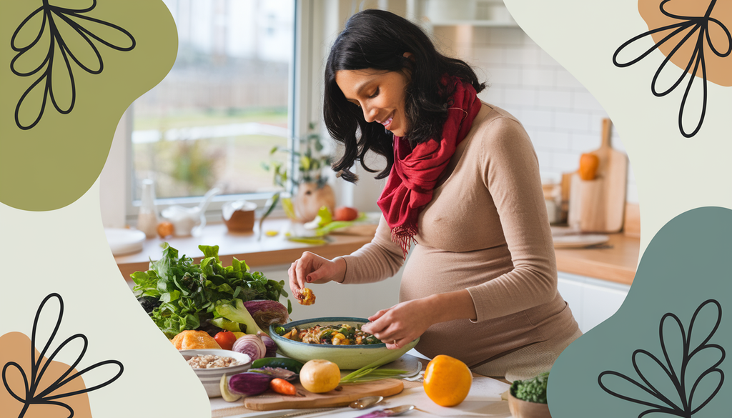 A pregnant woman in a cozy kitchen preparing a nutritious meal with fresh vegetables and fish, surrounded by natural lighting and a view of a suburban landscape.