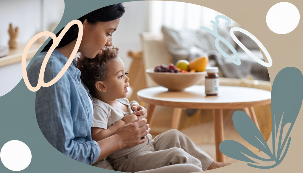 A parent gently interacts with a child in a cozy home setting, surrounded by elements of nutritional support like fresh fruits and supplements, using a warm color palette.